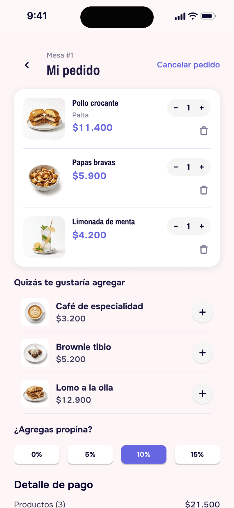 Pagar: el pedido con la propina y el total