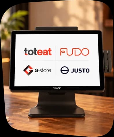 Un POS en el mesón con los logos de Toteat, Fudo, G-Store y Justo
