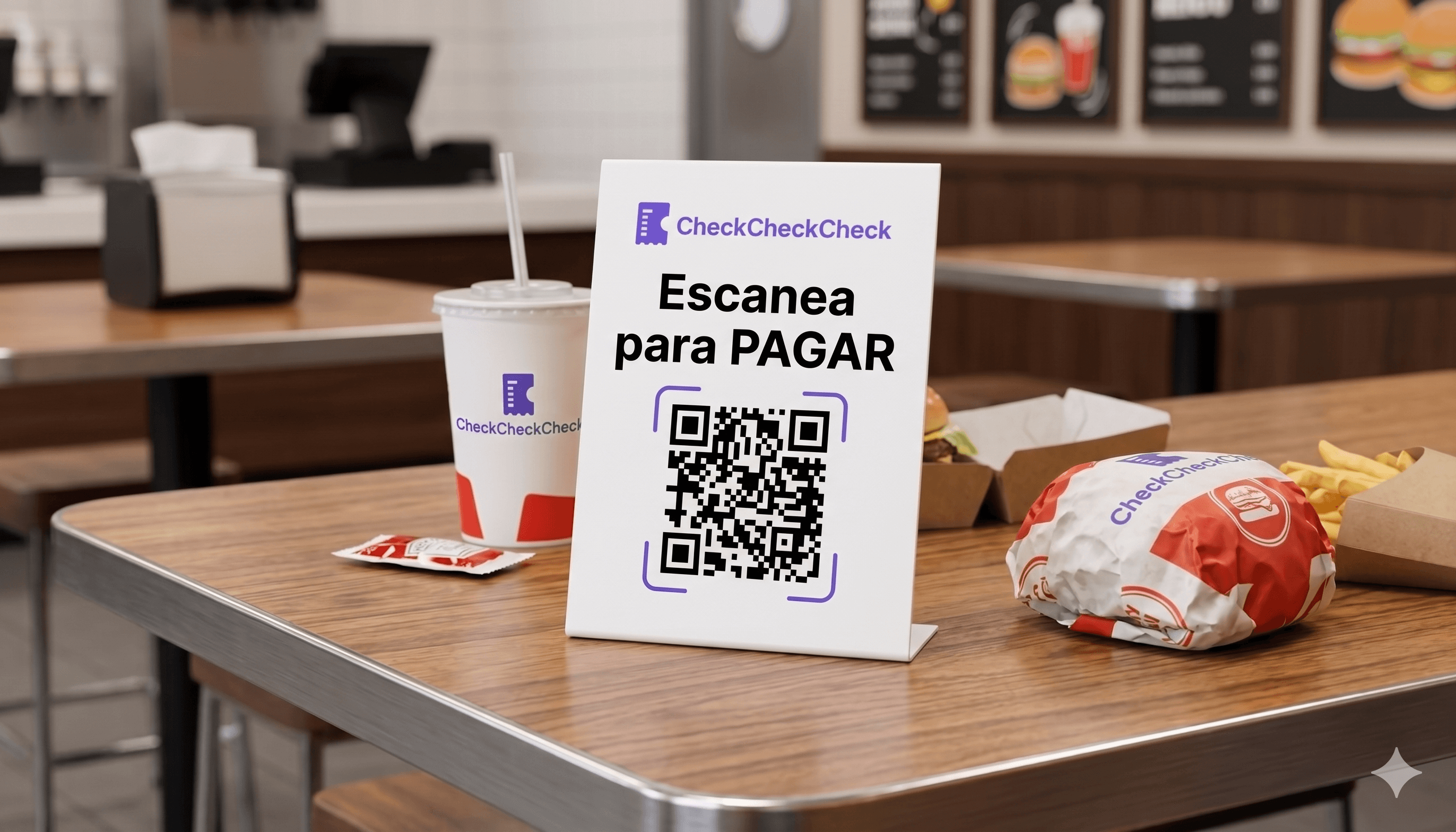 Cliente escaneando QR Tap&Paga con el celular en una mesa de restaurante
