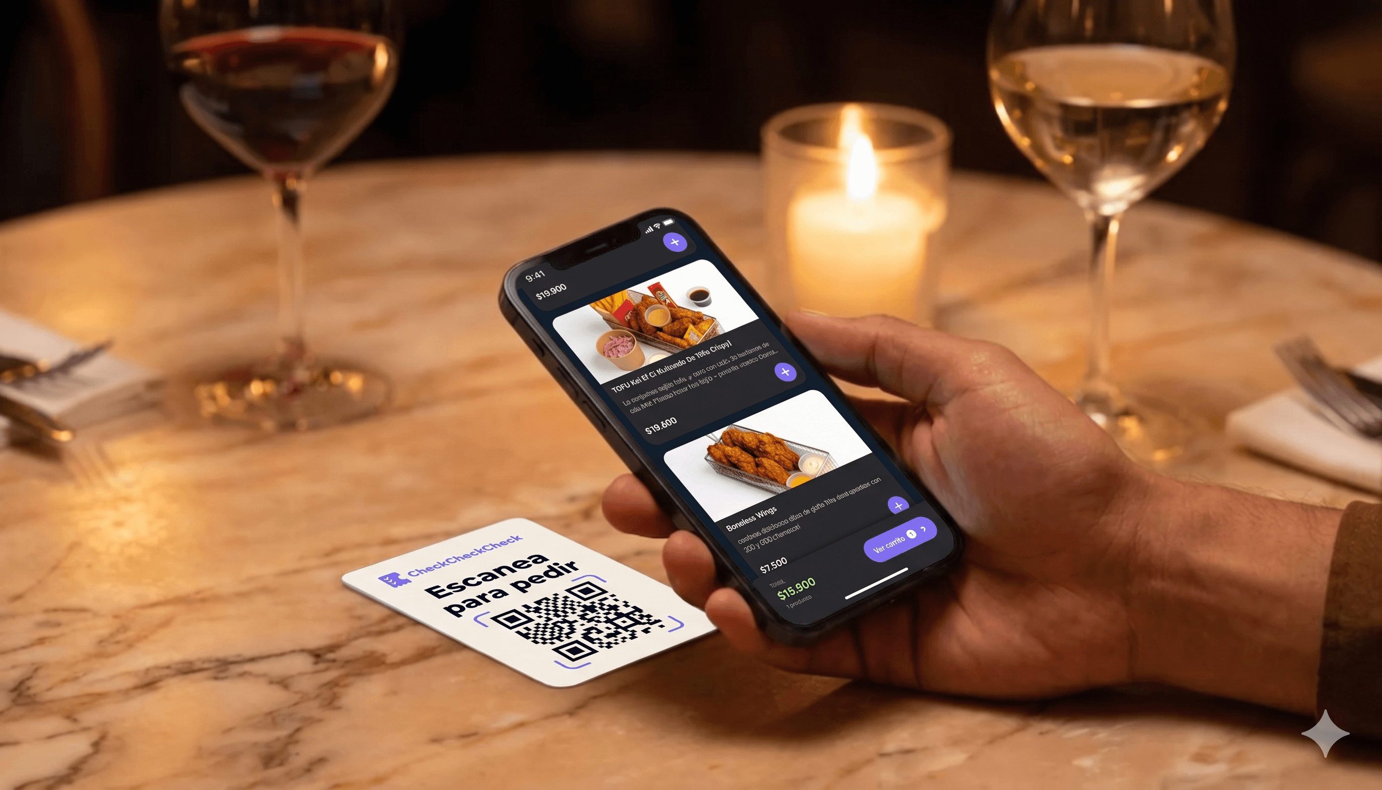 Pantalla Pide&Paga mostrando el menú con fotos, modifiers y carrito activo